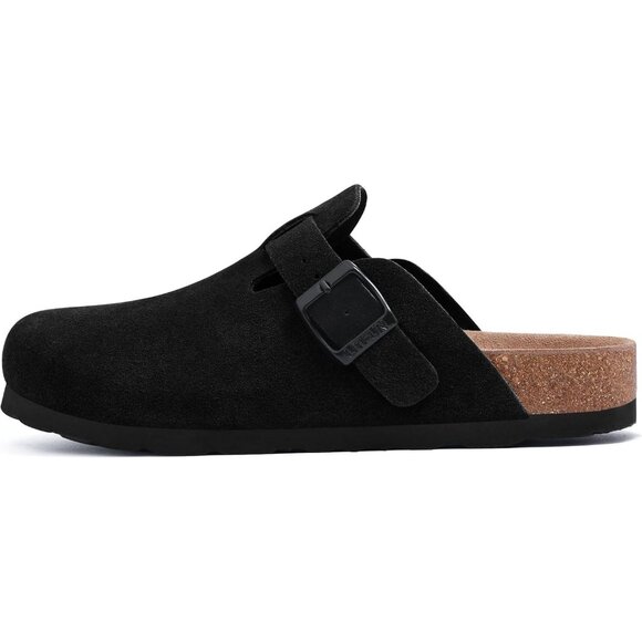 Women's Black Genuine Suede Clogs Soft Footbed Leather Comfort Slip On Shoes - Picture 4 of 6